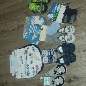 Baby boy lot shoes, socks bibs, mittens